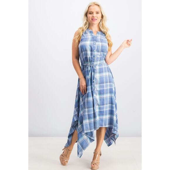 Tommy Hilfiger Plaid Sleeveless Shirt Dress 14 Blue Checker Midi Handkerchief - Picture 4 of 11